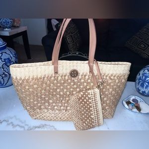 Tory Burch large vachetta straw tote.